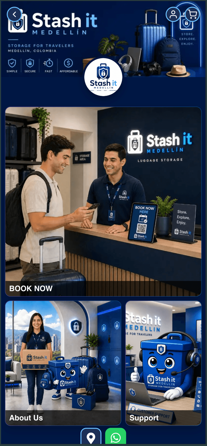 Stash It Medellín storefront built with indiVend, showing its luggage storage bookings